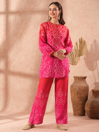 Bandhani Printed & Ombre Embroidered Straight Fit Co-ord Set - Pink