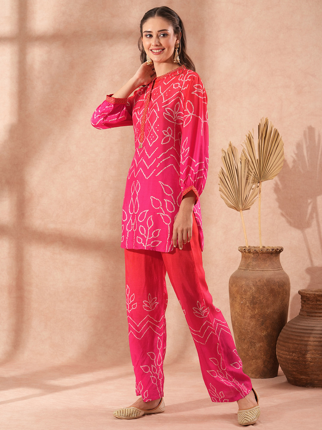 Bandhani Printed & Ombre Embroidered Straight Fit Co-ord Set - Pink