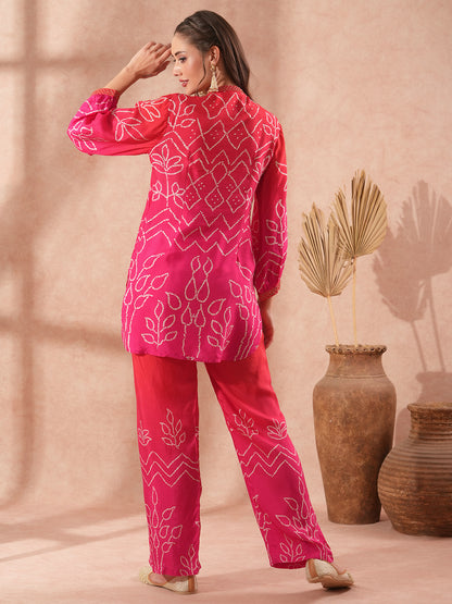 Bandhani Printed & Ombre Embroidered Straight Fit Co-ord Set - Pink