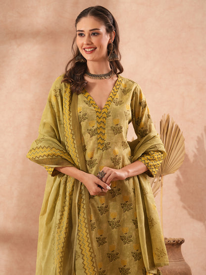 Ethnic Floral Printed & Embroidered A-Line Kurta with Pant & Dupatta - Green