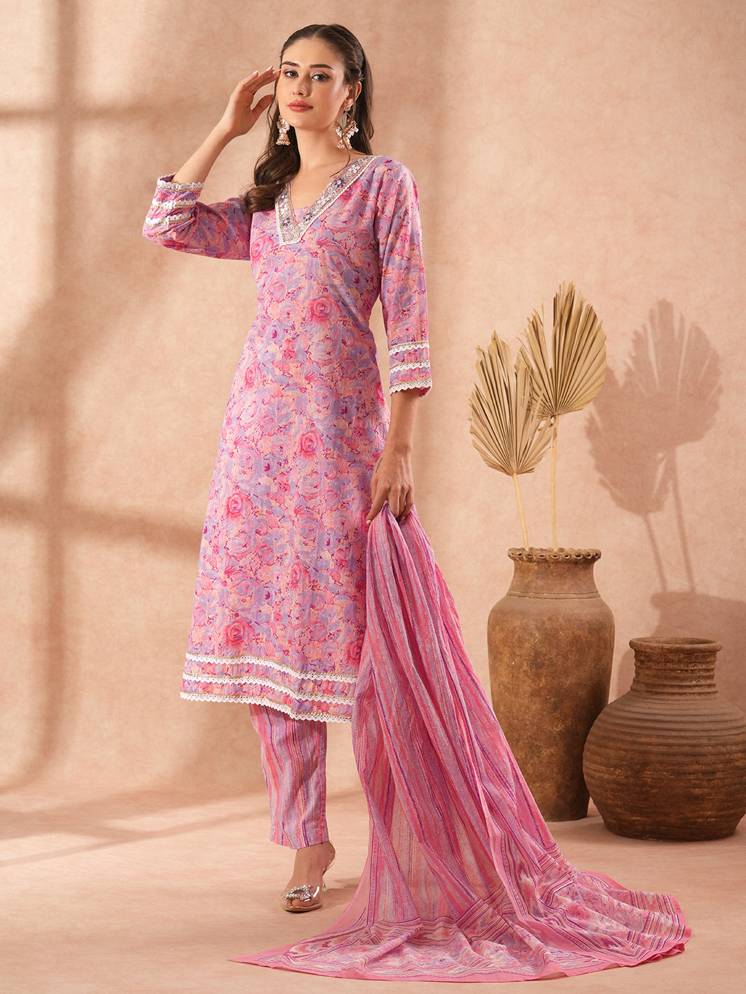 Abstract Floral Printed & Hand Embroidered Straight Fit Kurta with Pant and Dupatta - Lavender