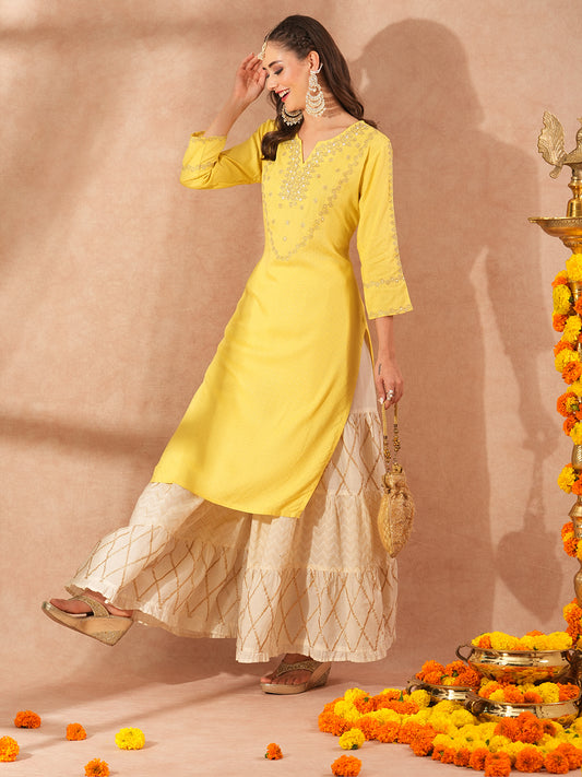 Ethnic Embroidered Straight Fit Kurta - Yellow