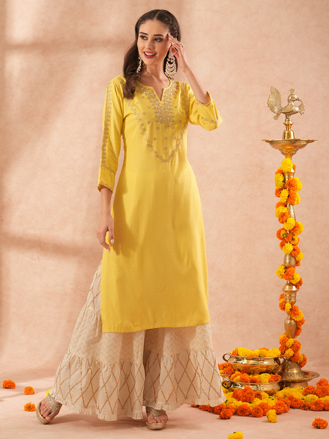 Ethnic Embroidered Straight Fit Kurta - Yellow