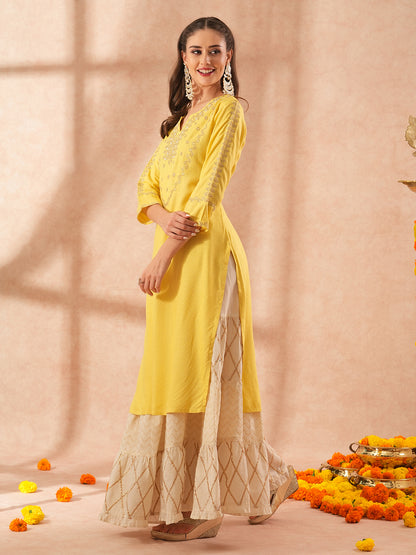 Ethnic Embroidered Straight Fit Kurta - Yellow