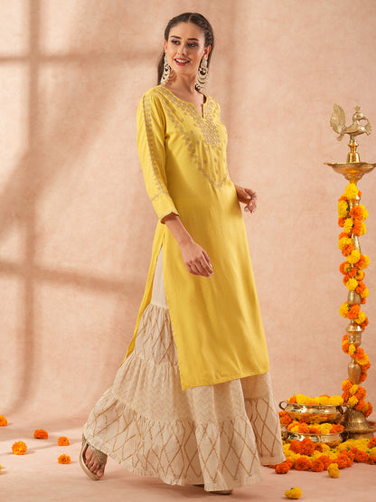 Ethnic Embroidered Straight Fit Kurta - Yellow