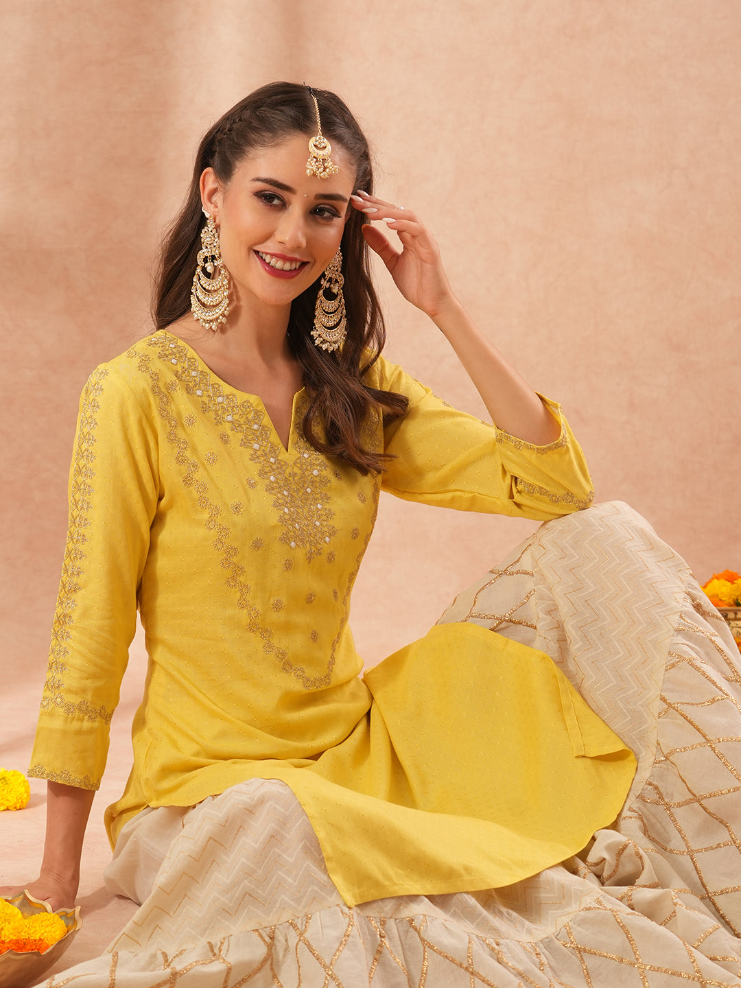 Ethnic Embroidered Straight Fit Kurta - Yellow