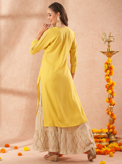 Ethnic Embroidered Straight Fit Kurta - Yellow