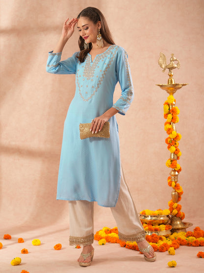 Ethnic Woven & Zari Embroidered Straight Fit Kurta - Blue