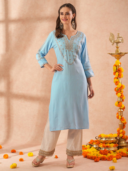 Ethnic Woven & Zari Embroidered Straight Fit Kurta - Blue