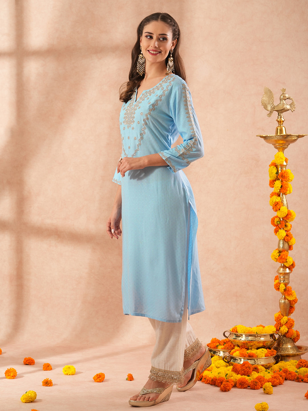 Ethnic Woven & Zari Embroidered Straight Fit Kurta - Blue