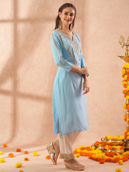 Ethnic Woven & Zari Embroidered Straight Fit Kurta - Blue