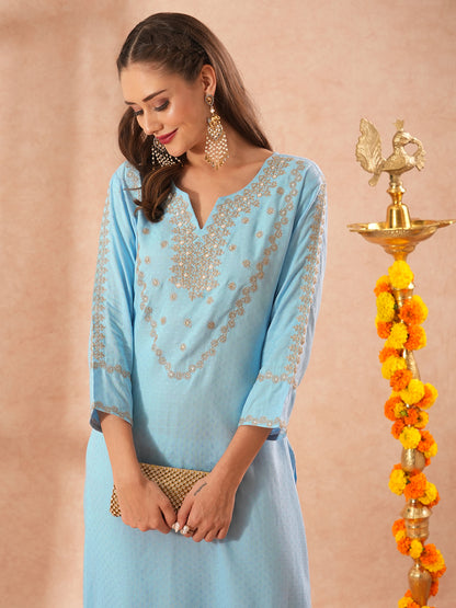 Ethnic Woven & Zari Embroidered Straight Fit Kurta - Blue