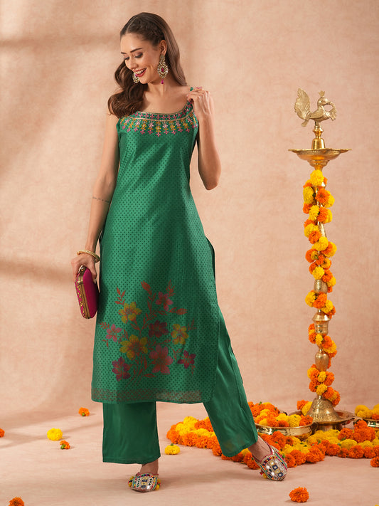 Ethnic Floral Printed & Embroidered Straight Fit Kurta with Pant - Green