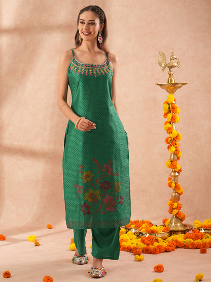 Ethnic Floral Printed & Embroidered Straight Fit Kurta with Pant - Green