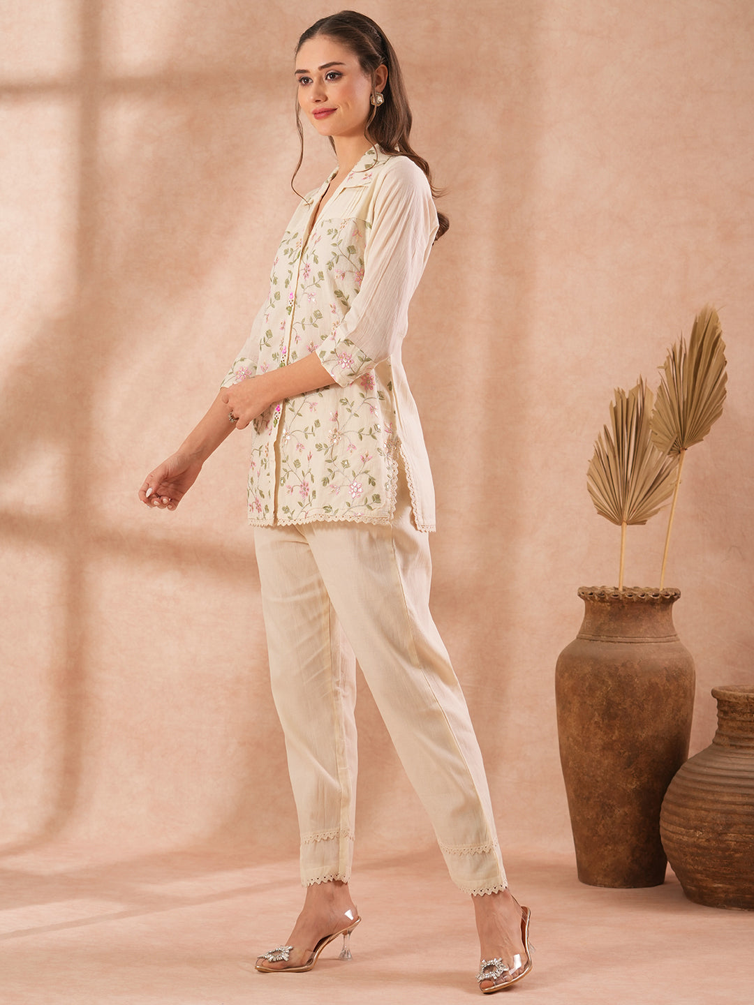 Solid Floral Embroidered Straight Fit Co-ord Set - Off White