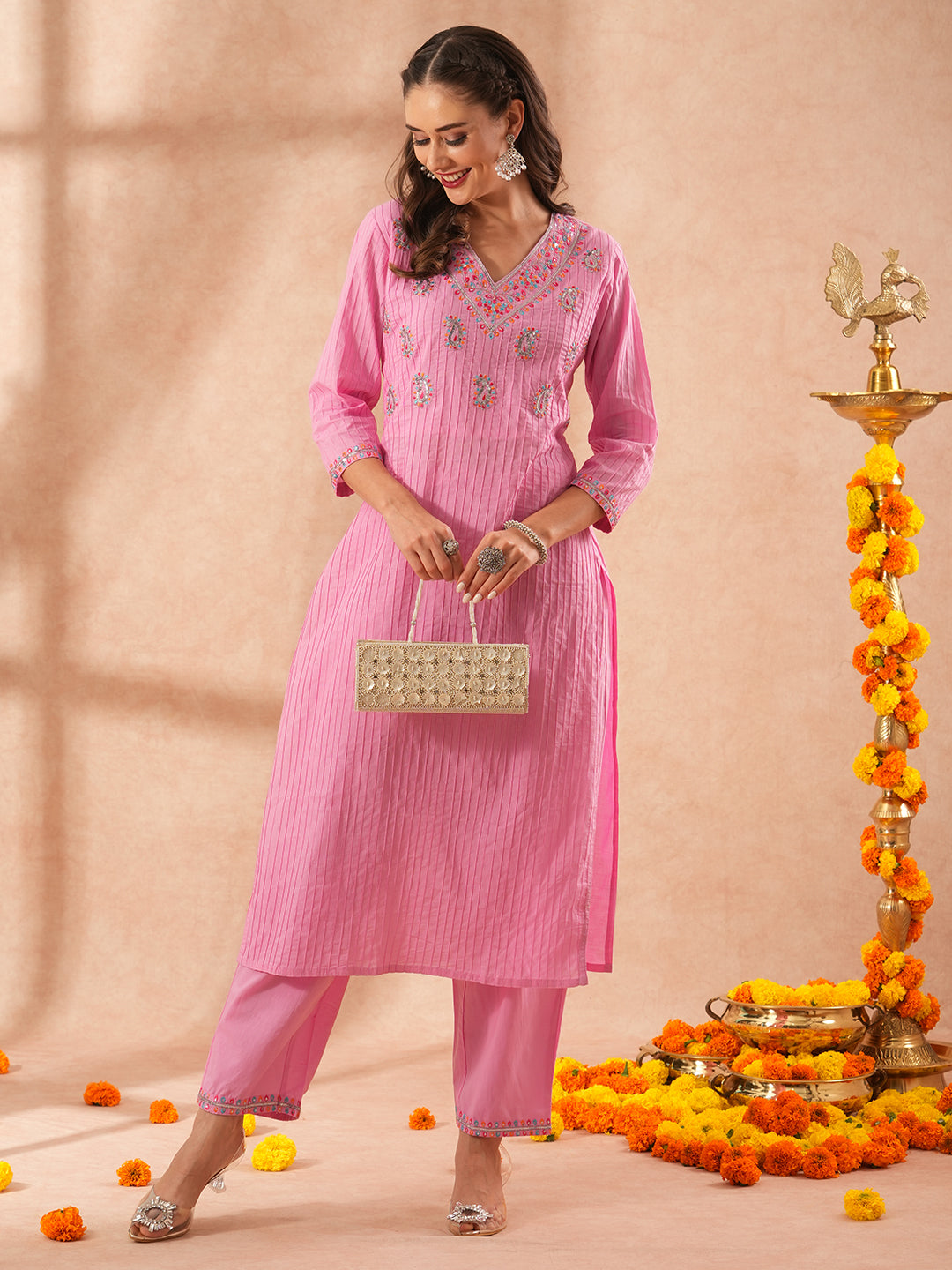 Solid Resham Floral Embroidered Straight Fit Co-ord Set - Pink