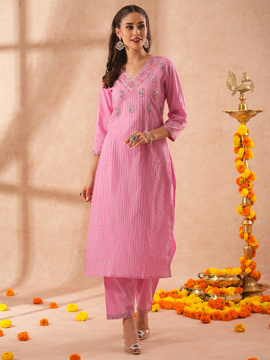 Solid Resham Floral Embroidered Straight Fit Co-ord Set - Pink