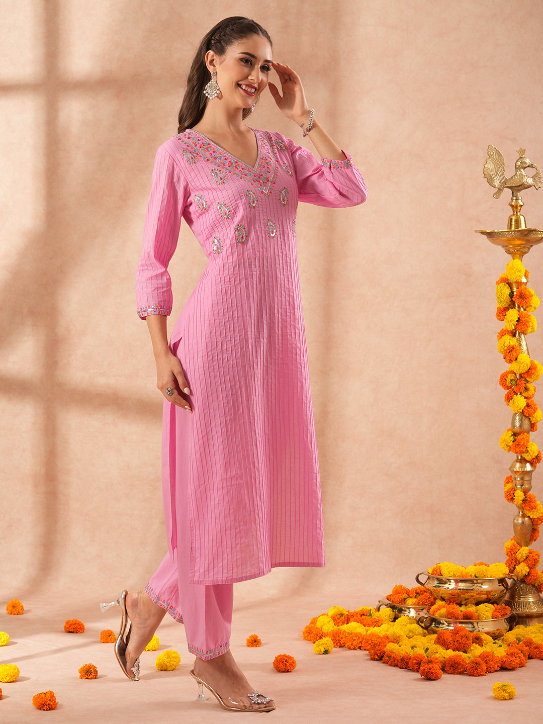 Solid Resham Floral Embroidered Straight Fit Co-ord Set - Pink