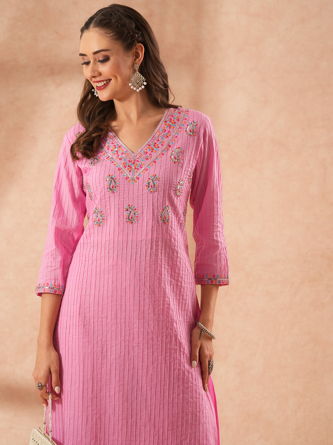 Solid Resham Floral Embroidered Straight Fit Co-ord Set - Pink