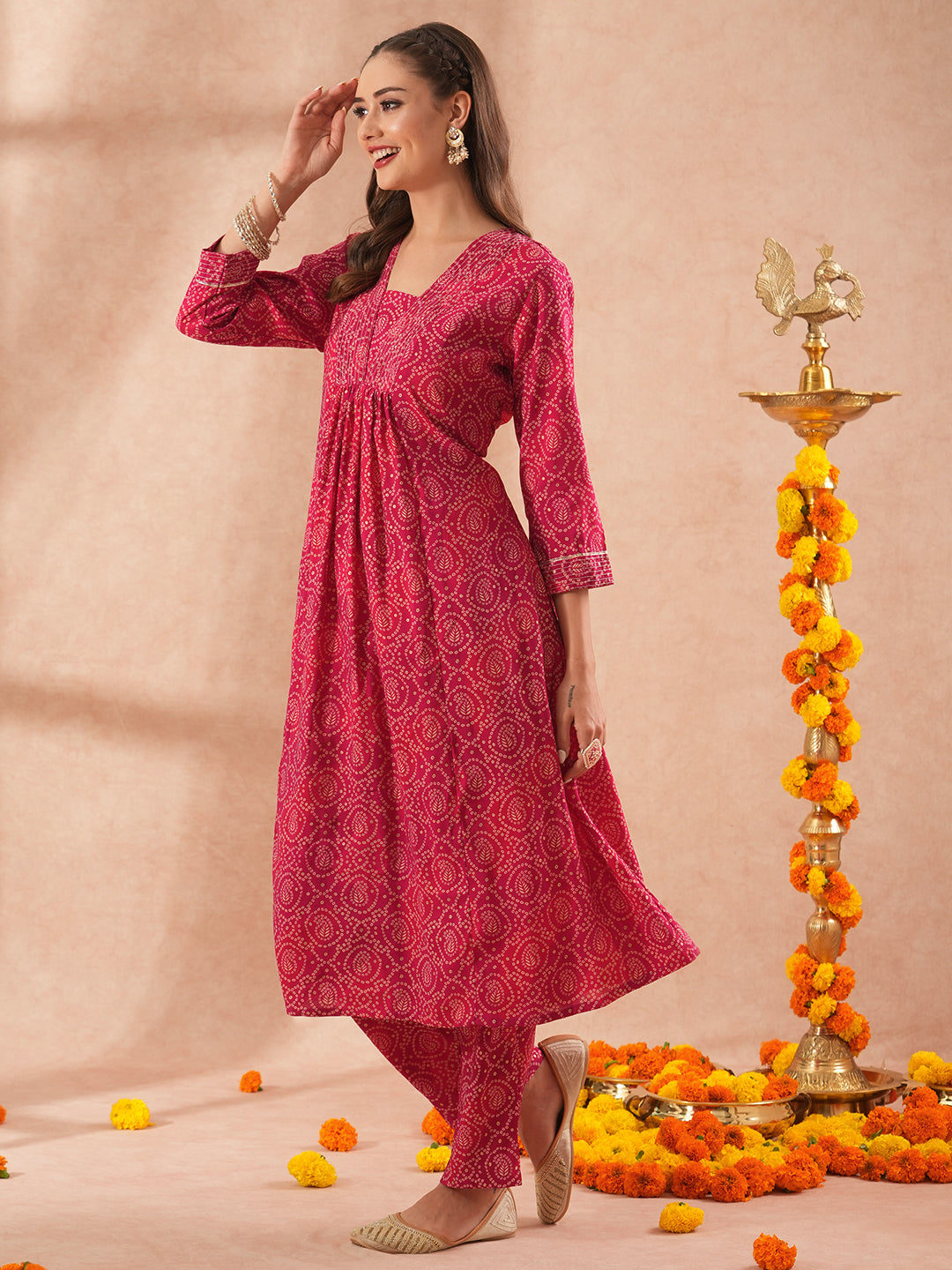 Ethnic Bandhani Foil Printed A-Line Co-ord Set - Magenta