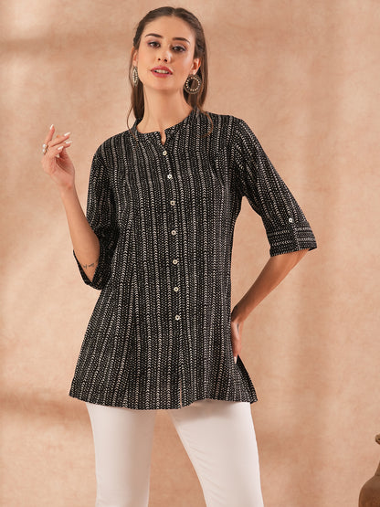 Ethnic Stripes Printed Straight Fit Kurti - Black