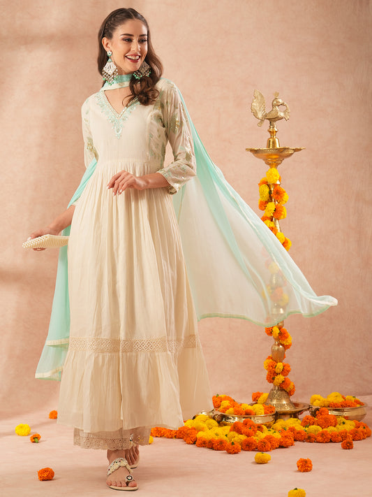 Solid Floral Embroidered A-Line Paneled Maxi Dress with Dupatta - Off White