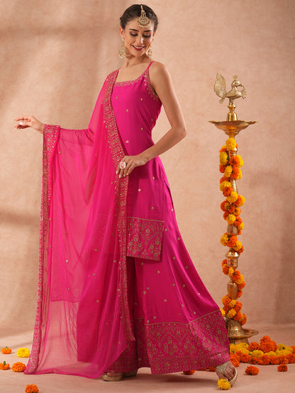 Solid Ethnic Sequin Embroidered Straight Fit Kurta with Paneled Palazzo and Dupatta - Pink