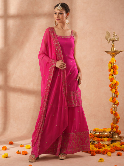 Solid Ethnic Sequin Embroidered Straight Fit Kurta with Paneled Palazzo and Dupatta - Pink