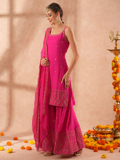 Solid Ethnic Sequin Embroidered Straight Fit Kurta with Paneled Palazzo and Dupatta - Pink