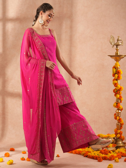 Solid Ethnic Sequin Embroidered Straight Fit Kurta with Paneled Palazzo and Dupatta - Pink