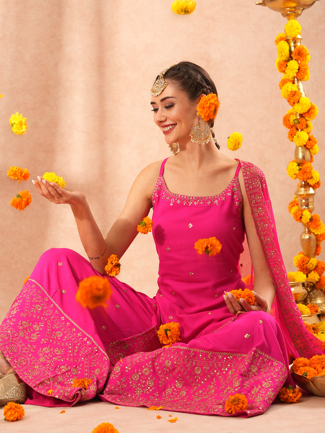 Solid Ethnic Sequin Embroidered Straight Fit Kurta with Paneled Palazzo and Dupatta - Pink