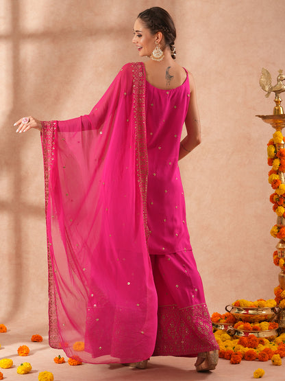 Solid Ethnic Sequin Embroidered Straight Fit Kurta with Paneled Palazzo and Dupatta - Pink