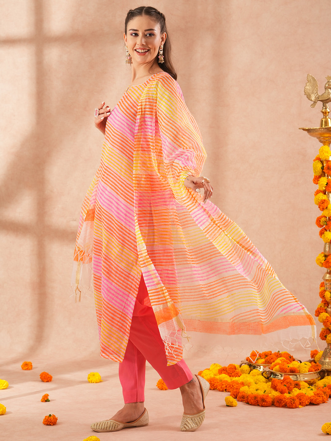 Leheriya Printed Straight Fit Kurta with Pant & Dupatta - Multi