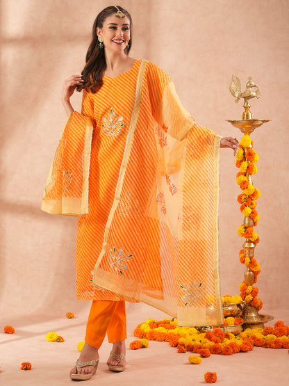 Leheriya Printed & Gota Embroidered Straight Kurta with Pant & Dupatta - Orange