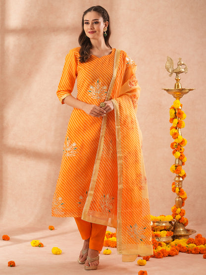 Leheriya Printed & Gota Embroidered Straight Kurta with Pant & Dupatta - Orange