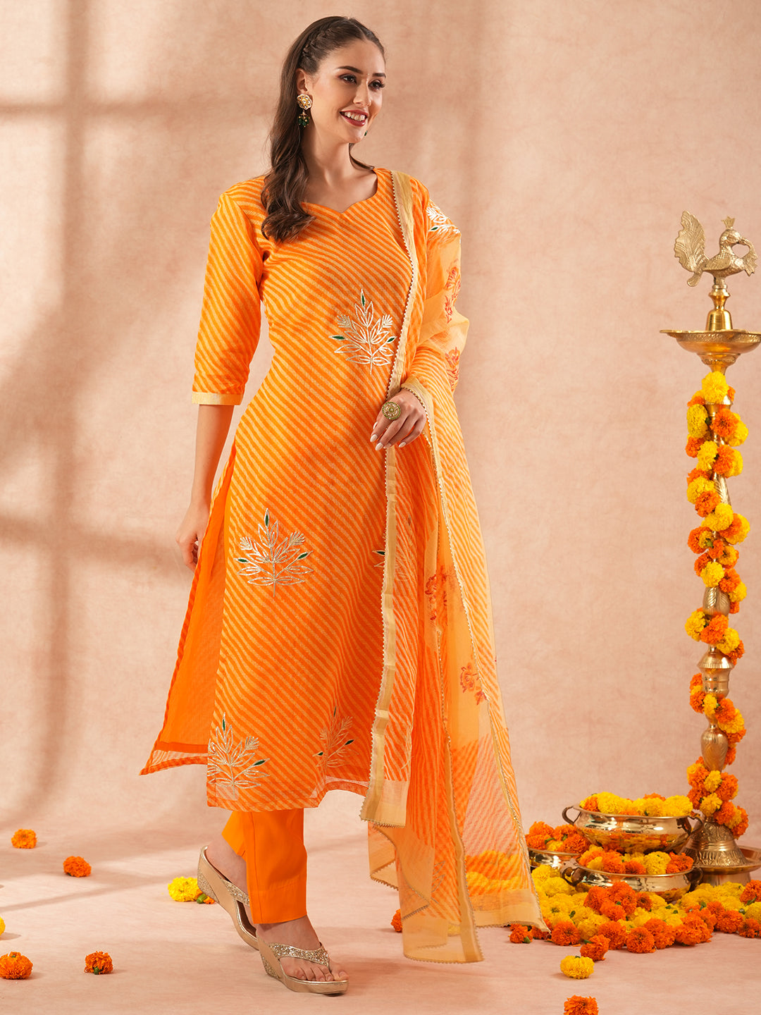 Leheriya Printed & Gota Embroidered Straight Kurta with Pant & Dupatta - Orange