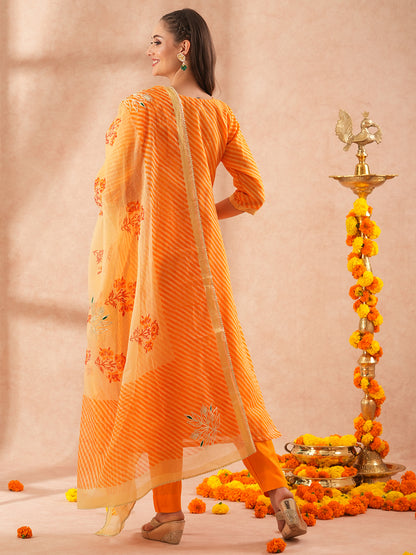 Leheriya Printed & Gota Embroidered Straight Kurta with Pant & Dupatta - Orange