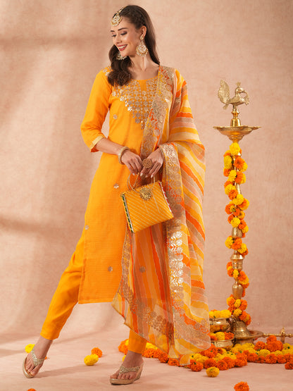 Solid Gota Patti Embroidered Straight Fit Kurta with Pant & Leheriya Dupatta - Yellow