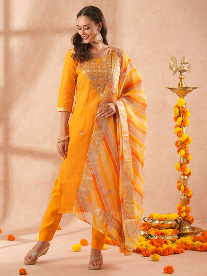 Solid Gota Patti Embroidered Straight Fit Kurta with Pant & Leheriya Dupatta - Yellow