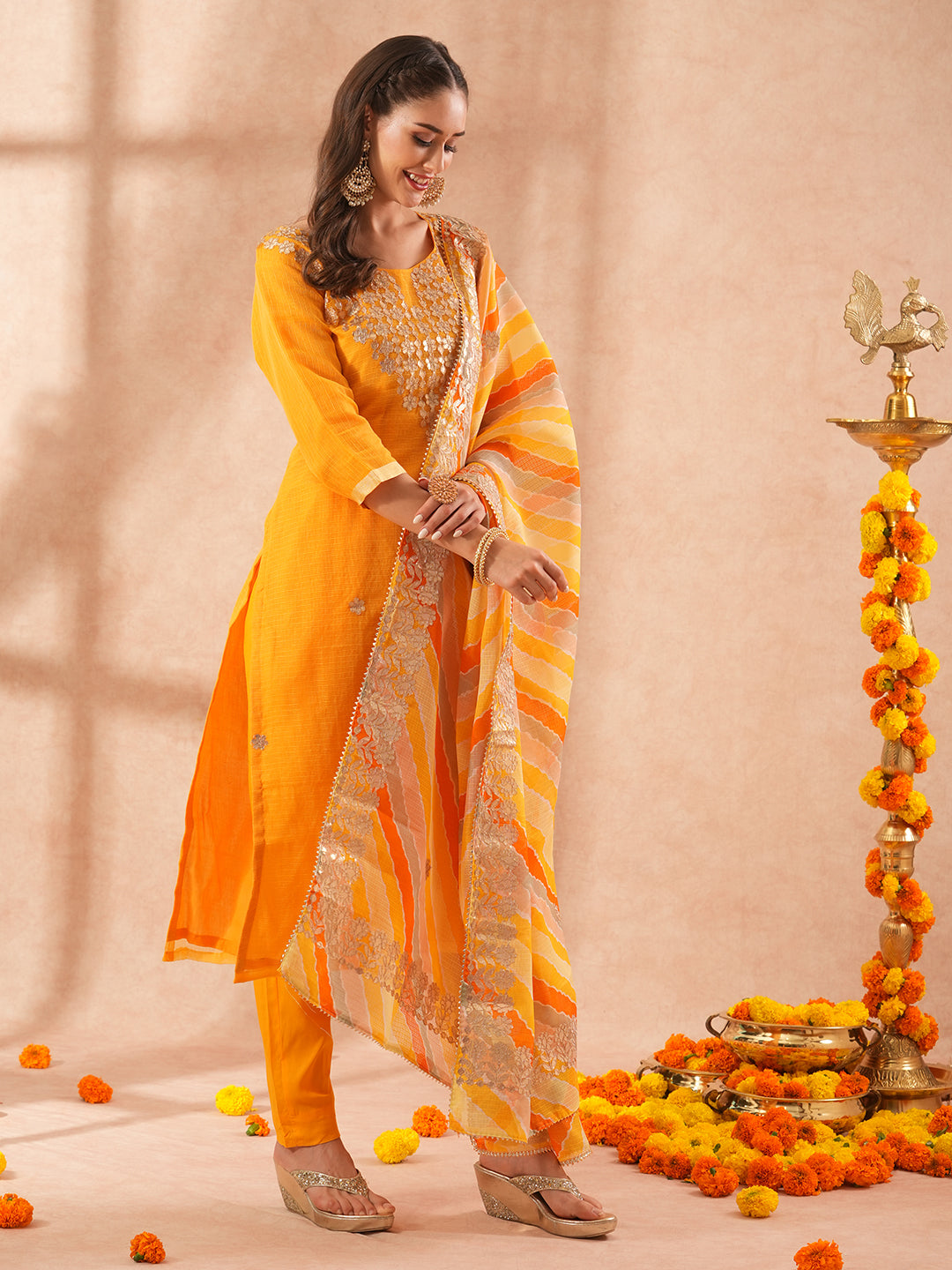 Solid Gota Patti Embroidered Straight Fit Kurta with Pant & Leheriya Dupatta - Yellow