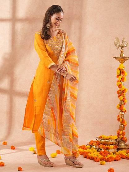 Solid Gota Patti Embroidered Straight Fit Kurta with Pant & Leheriya Dupatta - Yellow