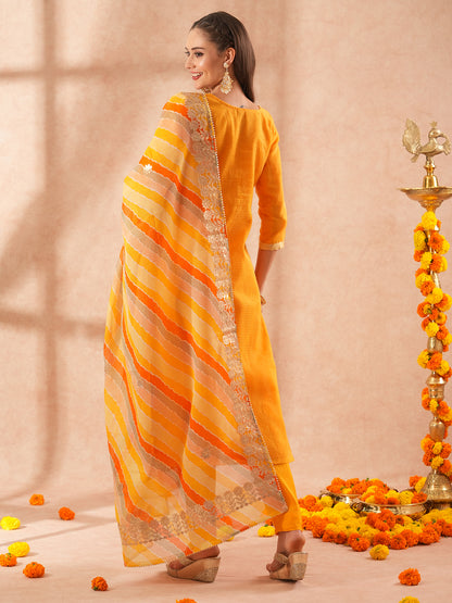 Solid Gota Patti Embroidered Straight Fit Kurta with Pant & Leheriya Dupatta - Yellow