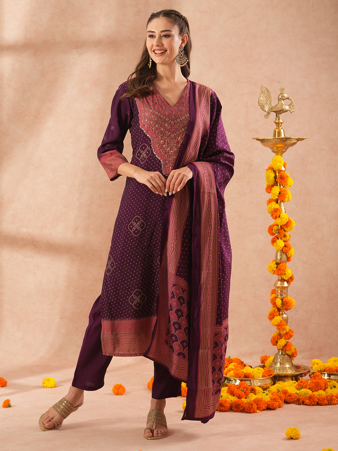 Ethnic Bandhani Printed & Hand Embroidered Straight Fit Kurta with Pant and Dupatta - Deep Purple