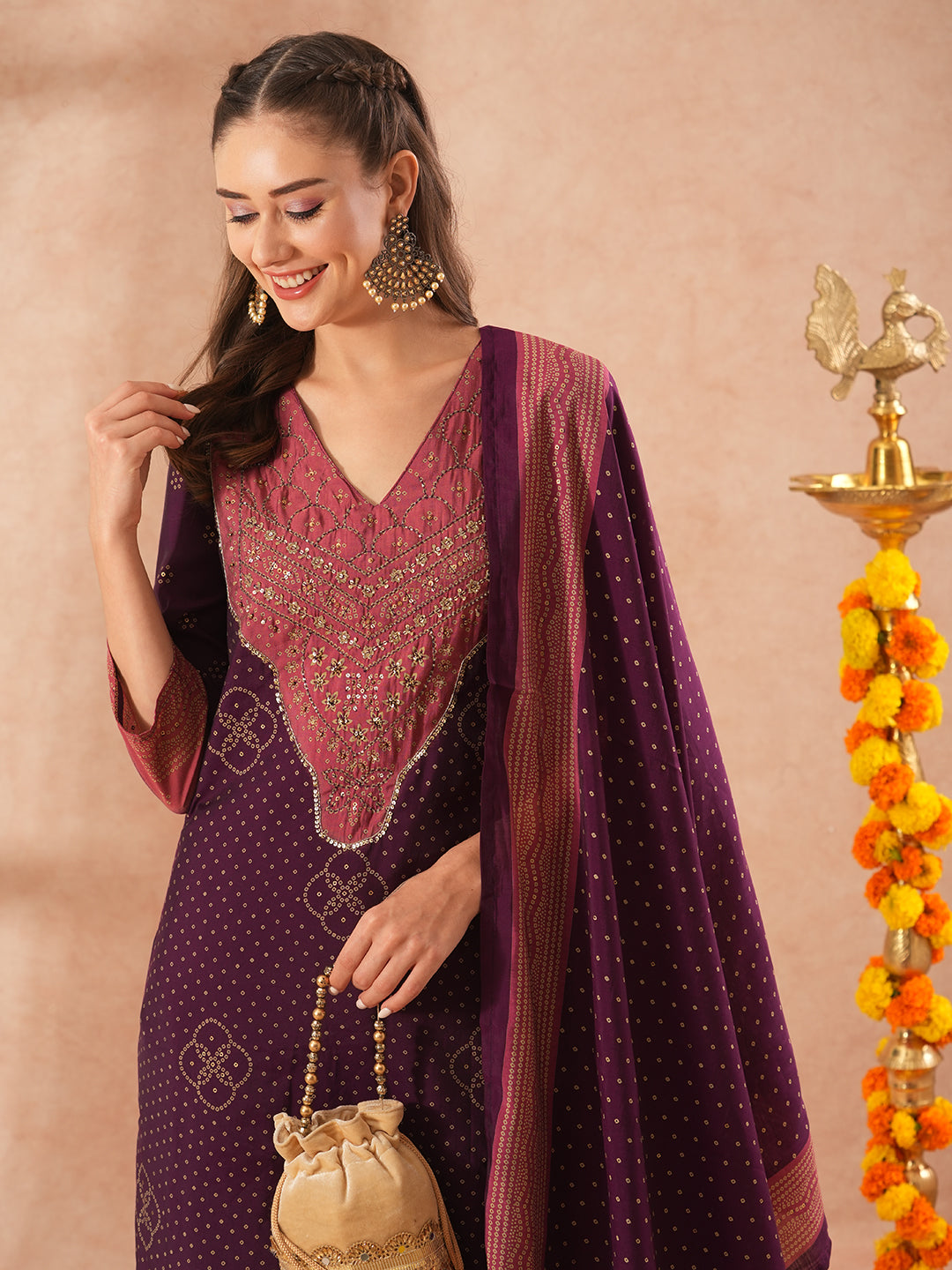 Ethnic Bandhani Printed & Hand Embroidered Straight Fit Kurta with Pant and Dupatta - Deep Purple