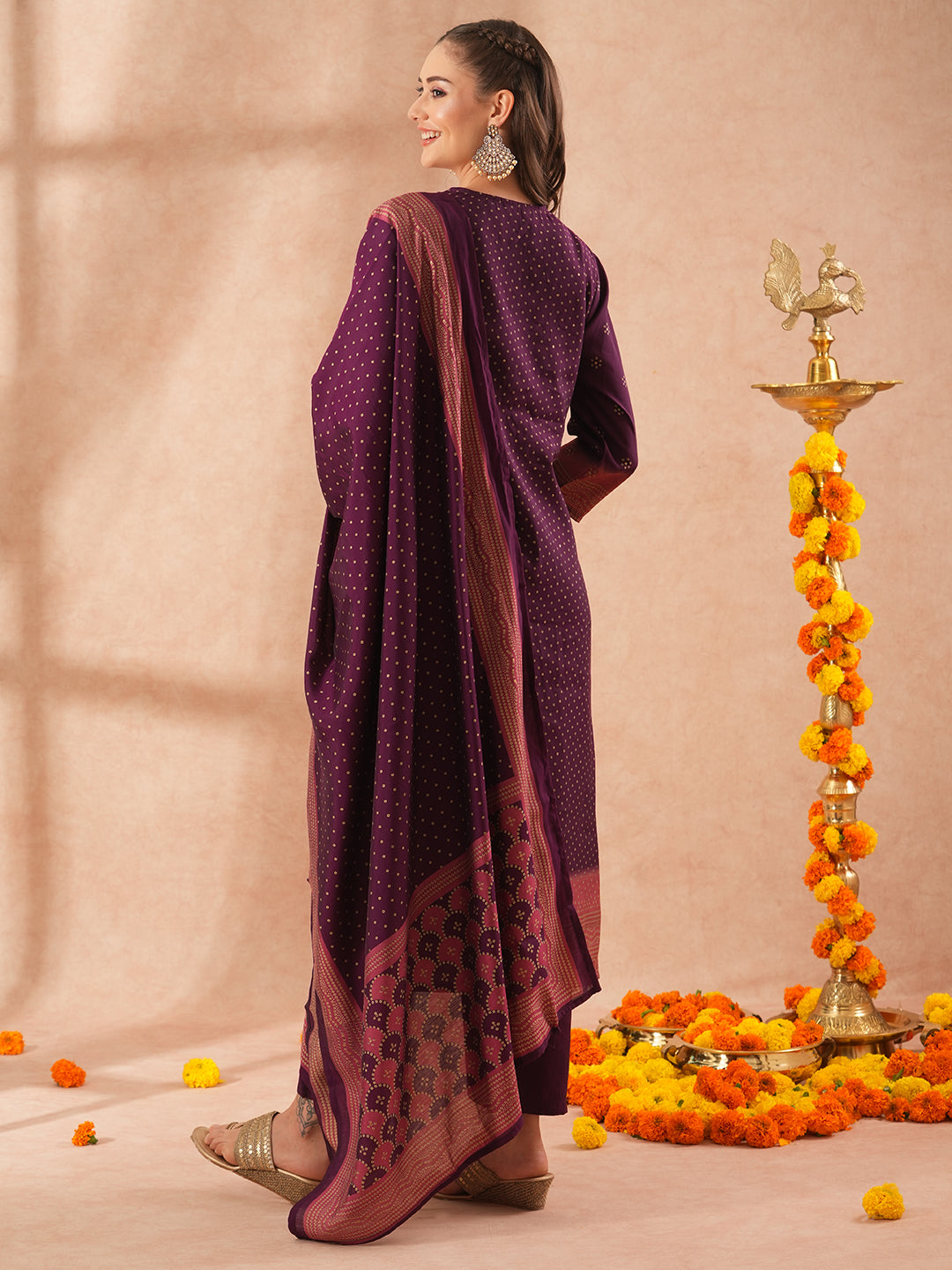 Ethnic Bandhani Printed & Hand Embroidered Straight Fit Kurta with Pant and Dupatta - Deep Purple