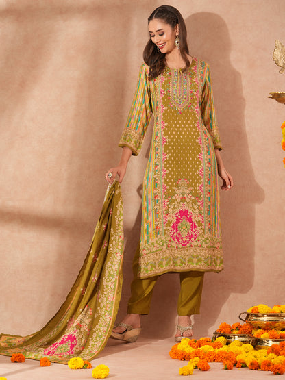 Floral Printed & Hand Embroidered Straight Kurta with Pant & with Printed Dupatta – Green