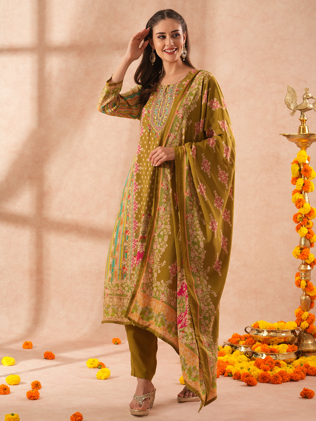 Floral Printed & Hand Embroidered Straight Kurta with Pant & with Printed Dupatta – Green