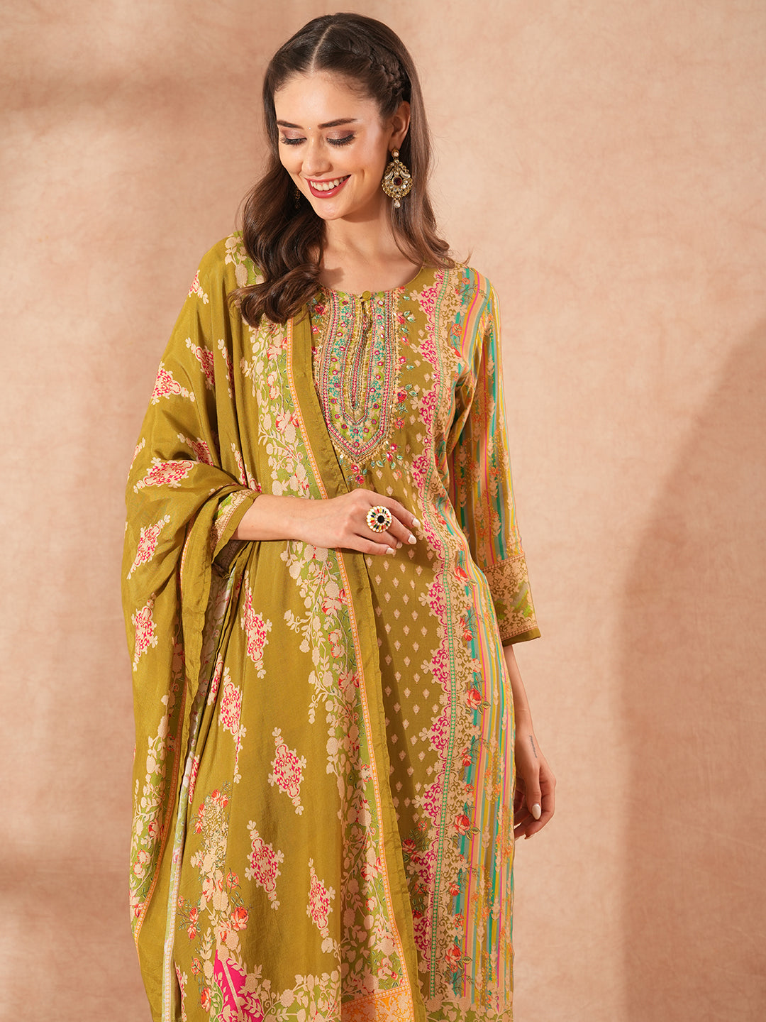 Floral Printed & Hand Embroidered Straight Kurta with Pant & with Printed Dupatta – Green