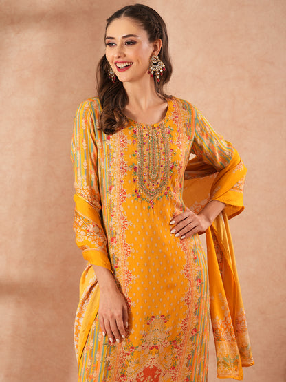 Ethnic Floral Printed Embroidered Straight Fit Kurta with Pant and Dupatta - Yellow