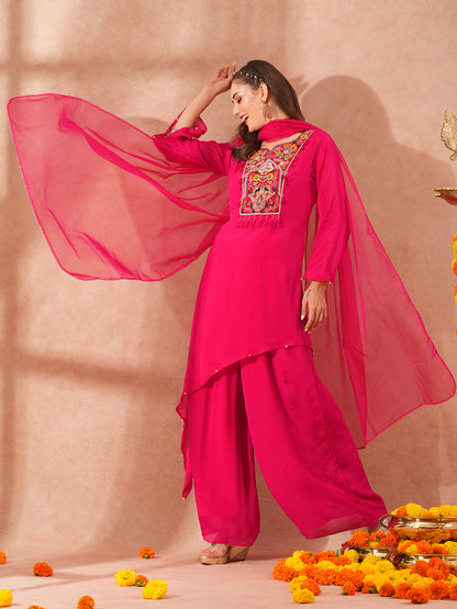 Solid Floral Hand Embroidered A-Line Asymmetric Kurta with Palazzo & Dupatta - Pink